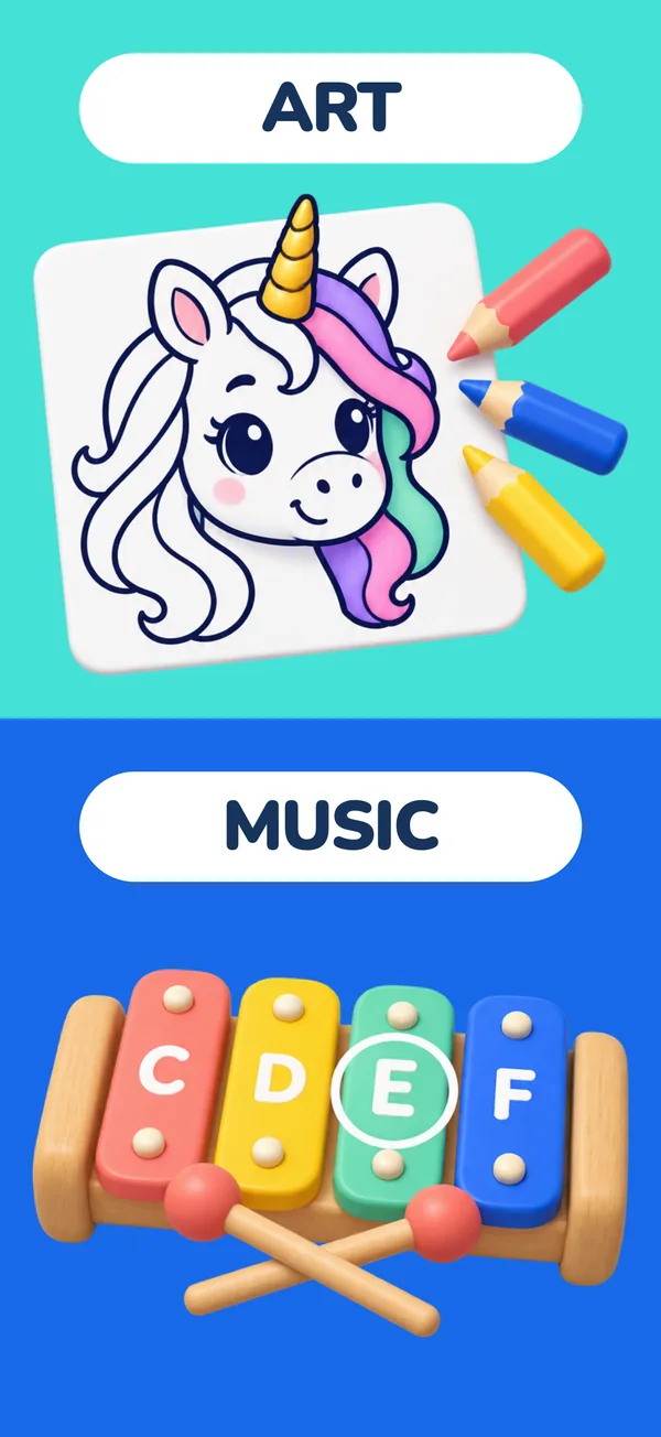 Poster: Art and music — a unicorn drawing and a xylophone